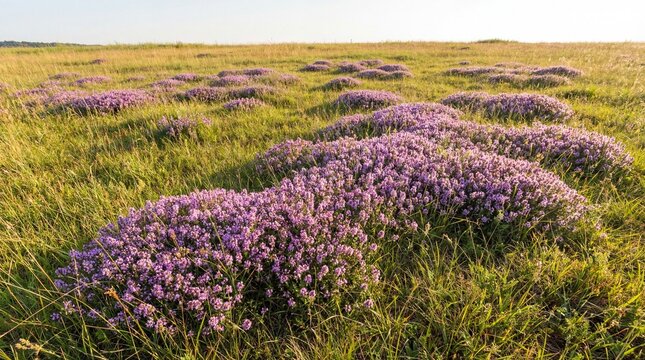 Meadow with blooming thyme flowers under bright sunlight  