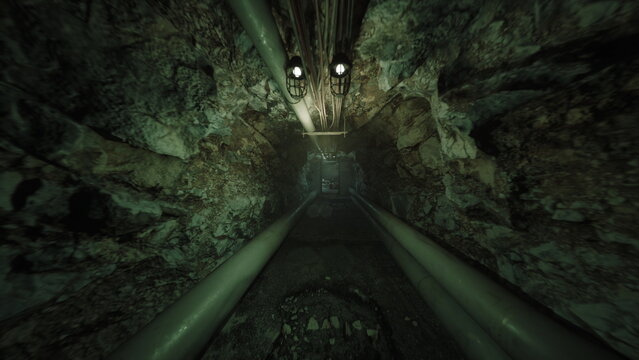 dimly lit subterranean pipe tunnel with rusted metal and dripping water, narrow maintenance corridor framed by twin conduits, low ceiling cables, wet gravel