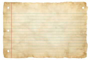 Old lined paper with grunge texture and torn edges, a vintage sheet for notes and writing, transparent background