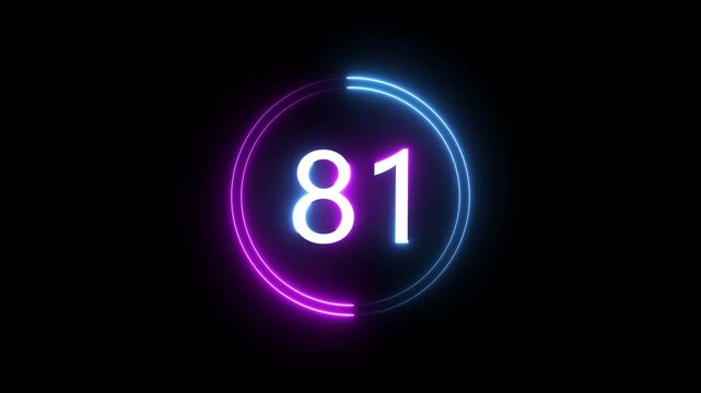 A dynamic circular animation, and glowing count neon number 81 animation . on a black background. and creating a stunning 4k video.