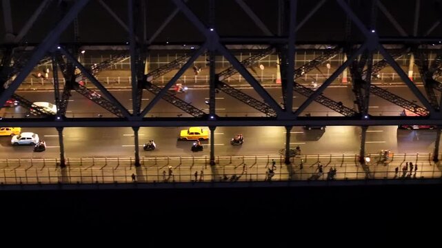 Aerial Night View of Howrah Bridge Kolkata India