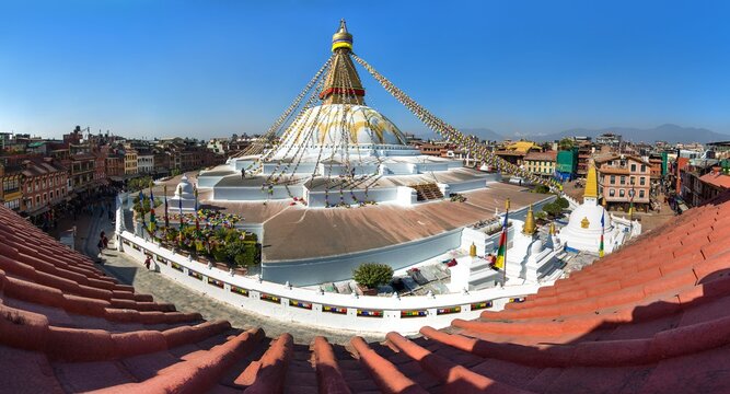Boudhanath stupa prayer flags Kathmandu buddhism Nepal