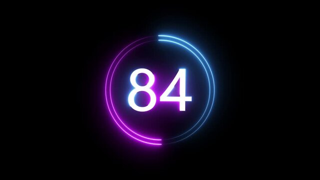 A dynamic circular animation, and glowing count neon number 84 animation . on a black background. and creating a stunning 4k video.