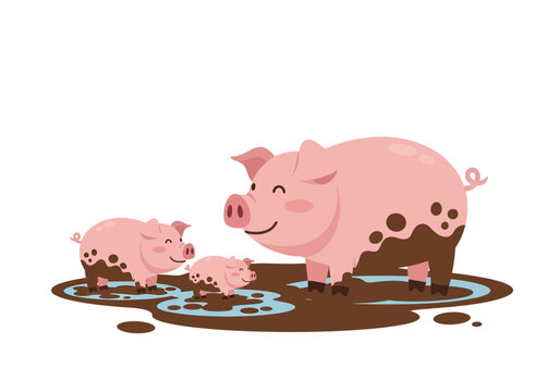 Pigs playing in a muddy puddle on a farm, surrounded by a serene landscape, viewed from a distance