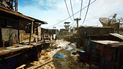 Fototapeta premium sunlit rundown shantytown muddy alley corrugated shacks, leaning utility poles with tangled wires, scattered barrels and tarpaulins, puddles reflecting blue