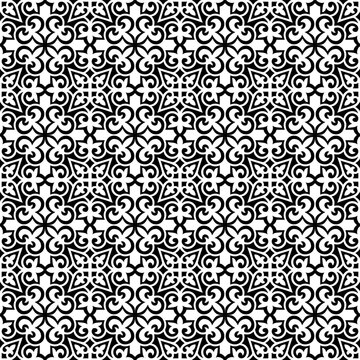 Seamless vector pattern in geometric ornamental style. Kazakh ornament. Black and white pattern. Geometric ornament for wallpaper, background, fabric, paper, textiles, embroidery, porcelain, ceramic 