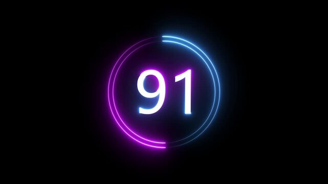 A dynamic circular animation, and glowing count neon number 91 animation . on a black background. and creating a stunning 4k video.