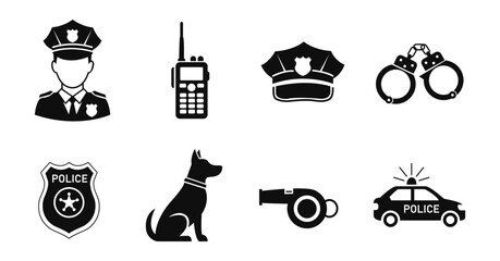Police Icon Set Badge Officer Dog Handcuffs Patrol Car Flat Vector © PNGwallet