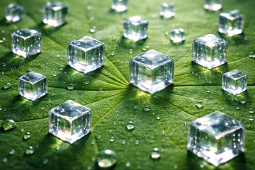 Pixel-Like Cubic Water Droplets on Lotus Leaf Macro Texture for Nature and Digital Fusion Background
