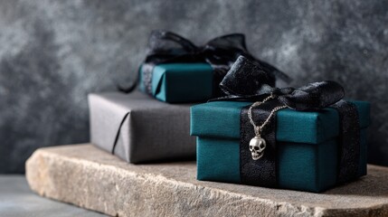 Obraz premium Gothic birthday gift boxes with skull pendant on dark teal and gray wrapping for birthday banner and moody background design