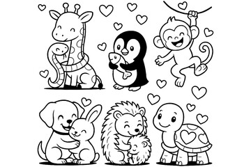 Fototapeta premium cartoon animal set, Fun Valentine Coloring Set Cute Animals in Line Art Style