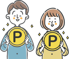 ポイントのコインを持つ夫婦　上半身　ベクター