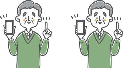 スマホを持って説明するシニア男性のイラストセット　上半身　ベクター