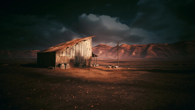 Cinematic desert shack at twilight, storm clouds loom over weathered corrugated siding amber rim light highlights distant mountains, barren ground littered