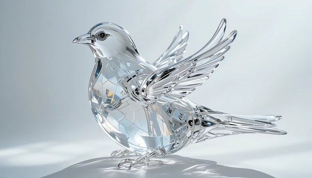 Transparent glass sparrow bird sculpture, crystal clear material, realistic light refraction