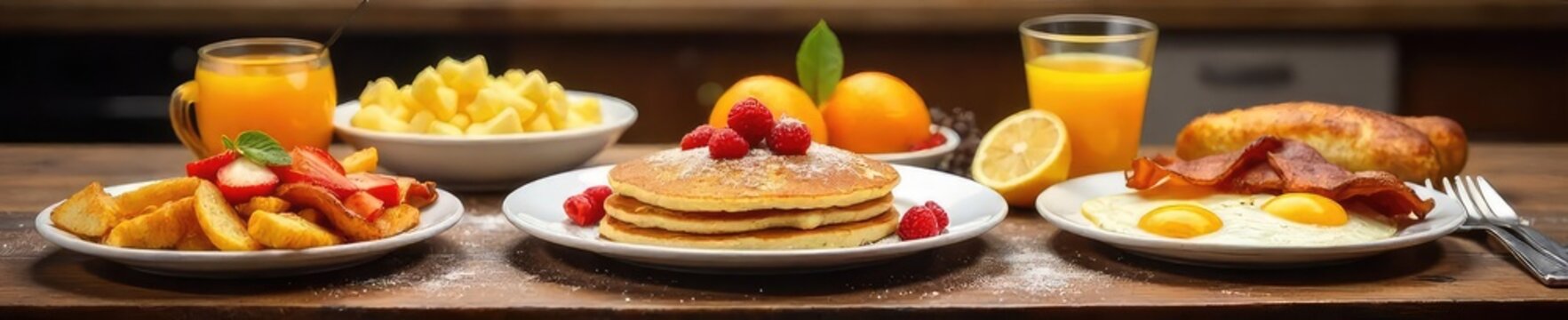 A table laden with a delicious and abundant breakfast spread, featuring pancakes, bacon, eggs, fruit, and juice, ready to satisfy a ravenous appetite , plentiful, protein