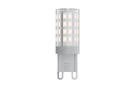 LED bulb with a G9 base and a clear polycarbonate cap. Isolated on a white or transparent background. 3D render.