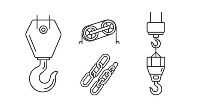 Crane hook chain pulley system line icons set.