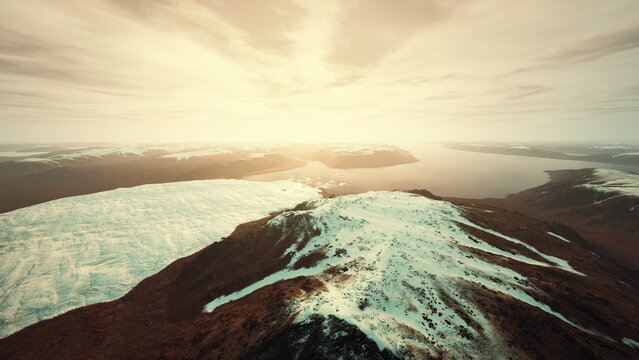 glacier peak silhouette melting into dusk light, steep ridgelines framed by warm horizon, scattered snowfields, atmospheric clouds, melancholic tone suggesting