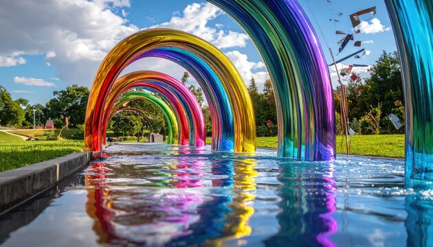 A vibrant, colorful archway installation reflects in the water below