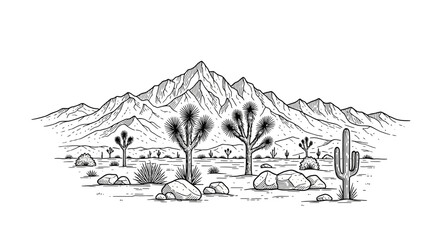 Fototapeta premium Desert plants and mountain landscape scene.