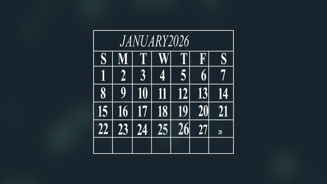January 2026 calendar template dark background white text grid layout monthly calendar