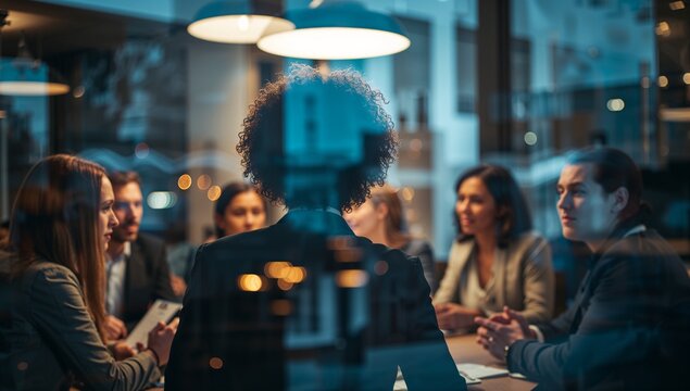 Business meeting in progress with diverse group of professionals collaborating around a table
