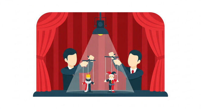 Two men manipulating puppets on stage under spotlight with red curtains  