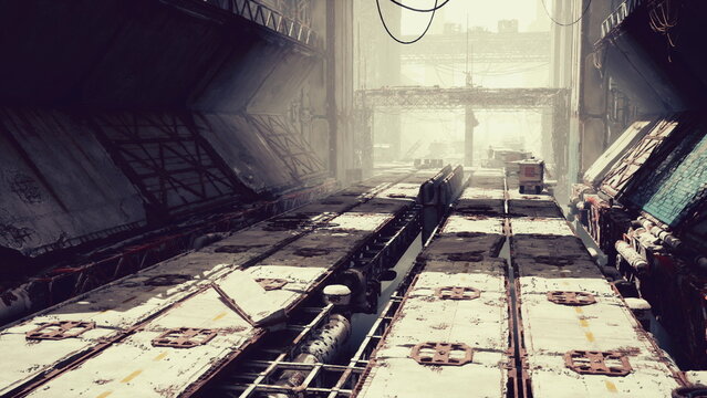 industrial landing bay with vehicle, active maintenance cart near distant hangar door, sunbeam shafts cutting through vents, scuffed floor panels, stacked