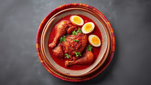 Top-view of Ethiopian Doro Wat. Chicken-and-egg stew with berebere and niter kibbeh. Placed atop a large, fermented, spongy grey injera flatbread, white bowl, colorful woven basket tray. Easter meal.