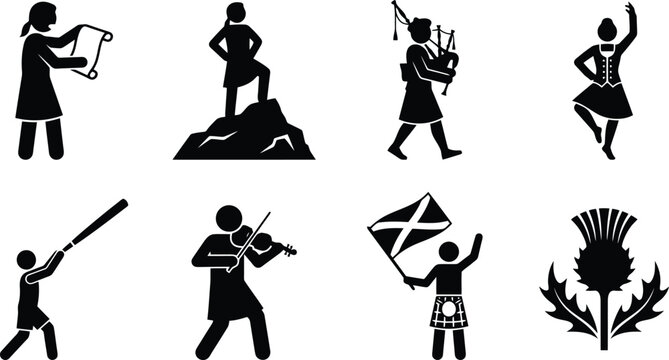 Scottish cultural icons depicted in black silhouette illustrations showcasing traditional activities and symbols