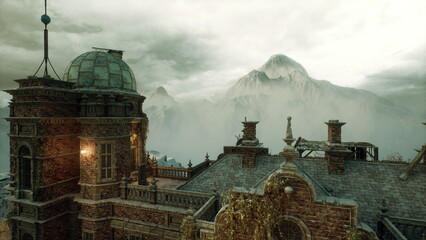 ominous mansion under stormy sky with glowing windows and shadowed turrets, mist curling through trees, eerie mood suitable for horror production, Halloween © icetray