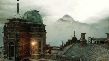 ornate observatory tower with warm lights, snowdusted rooftop and distant misty mountain, cinematic moody aesthetic, lantern glow through frosted windows, © icetray