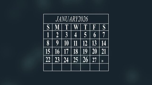 January 2026 calendar template with white grid and numbers on dark background monthly calendar