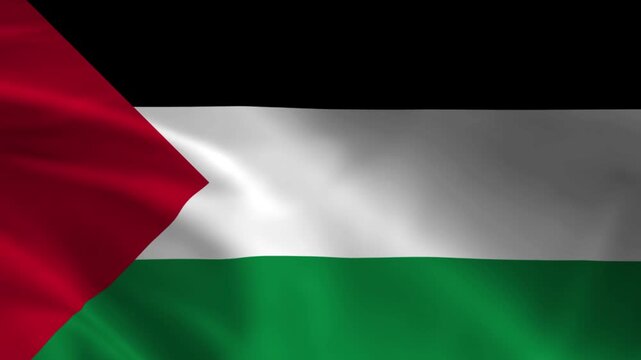 Waving flag of Palestine national symbol with horizontal tricolor and red triangle representing country and patriotism isolated on black background