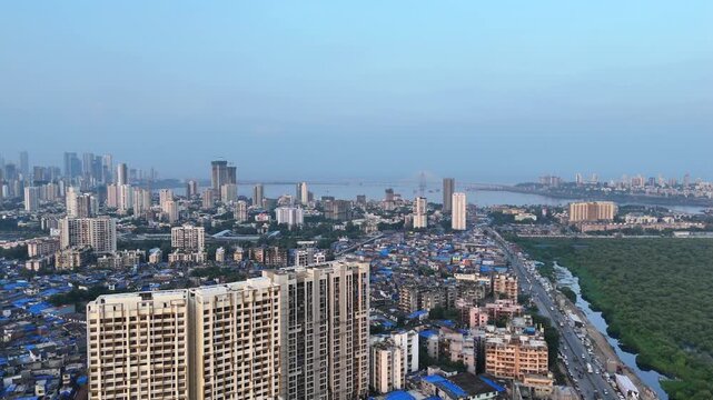 Aerial View of Mumbai Skyline with Dharavi Slums and Bandra Worli Sea Link