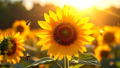 Fototapeta premium Sunny sunflower field with bees buzzing around, golden hour glow