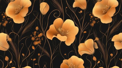 Vibrant orange floral pattern seamless design elegant flowers on dark background for print and digital use.