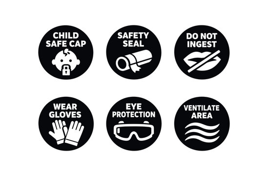 Six black circular safety icons for packaging or instructions &mdash; child lock cap, seal tape, do not ingest symbol, wear gloves, eye goggles, ventilate area waves.