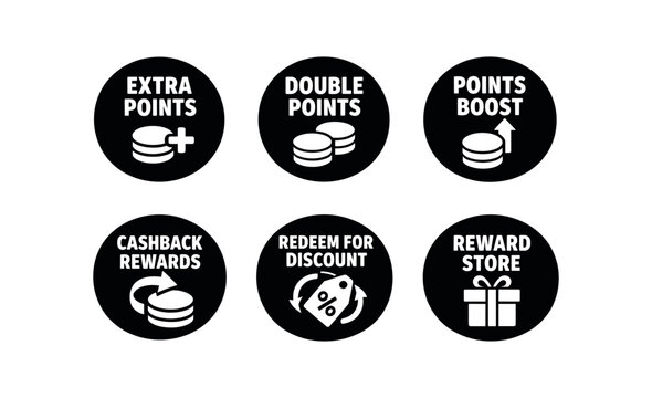 Six black circular icons showing reward concepts: extra points, double points, points boost, cashback rewards, redeem for discount, and reward store, designed for ui badges 