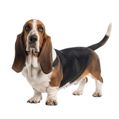 Basset hound dog png Cute basset cutout Adorable hound png Tricolor canine cutout Loyal pet png Pedigree pup cutout Standing animal png isolated transparent background image