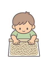A smiling young boy sitting at a table using both hands to explore a tray filled with tangled noodles, simple cute style for kids activity or education artwork.