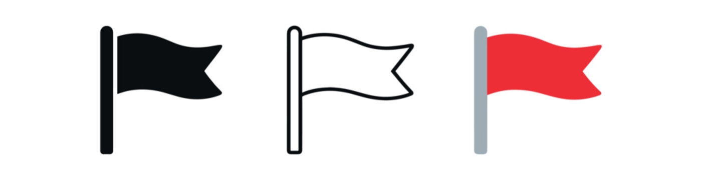 Three flag icons shown as solid black, thin outline, and red flag on gray pole for markers, alerts, and labels.