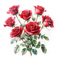 Fototapeta premium Red roses in a magnificent bouquet. Watercolor digital illustration. A bouquet of beautiful flowers is isolated on a white background. Wedding theme, birthday, Valentine's Day and Mother's Day