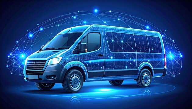 Futuristic van overlaid with digital data network, bathed in blue light