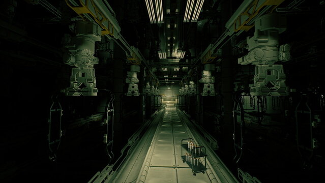 Secure server aisle under green light, long rows of racks with blinking LEDs, cooling ducts and dense cabling, atmosphere of precision operations