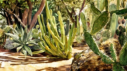 Fototapeta premium Serene desert garden illustration showcasing vibrant cactus plants bathed in warm sunlight highlights