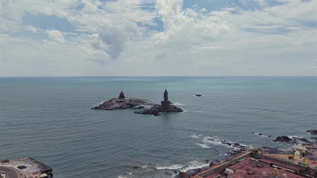 Aerial View of Thiruvalluvar Statue and Vivekananda Rock Memorial Kanyakumari India