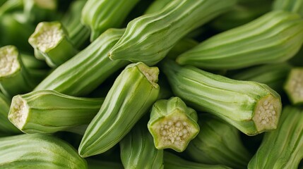 Fototapeta premium Vibrant Green Okra Stacked High in a Basket, Highlighting Freshness and Nutritional Goodness