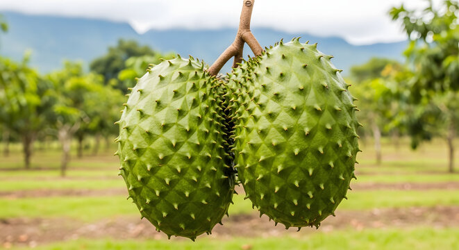 Ripe Soursop Fruits Hanging on Tree Branch in Tropical Setting. Close-up of two mature soursop (Annona muricata) fruits, also called guanabana or graviola, dangling from a woody branch